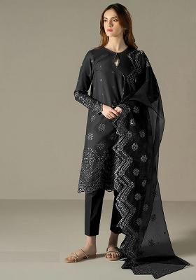 Black Embroidered Cotton Pakistani Salwar Kameez With Dupatta
