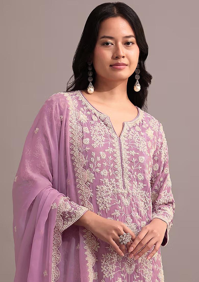 Pink Embroidered Georgette Palazzo Set With Dupatta
