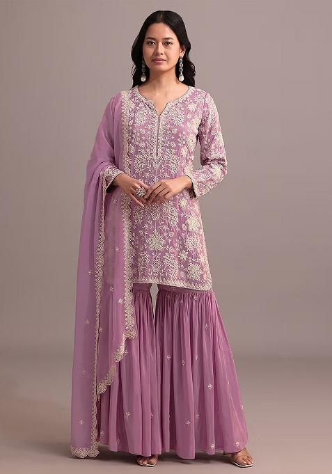 Pink Embroidered Georgette Palazzo Set With Dupatta