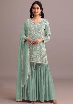 Green Embroidered Georgette Palazzo Set With Dupatta