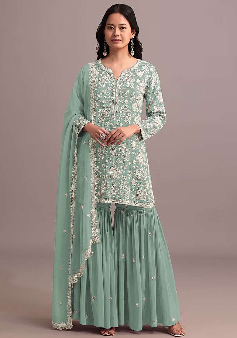 Green Chikankari Georgette Sharara Set - Indya