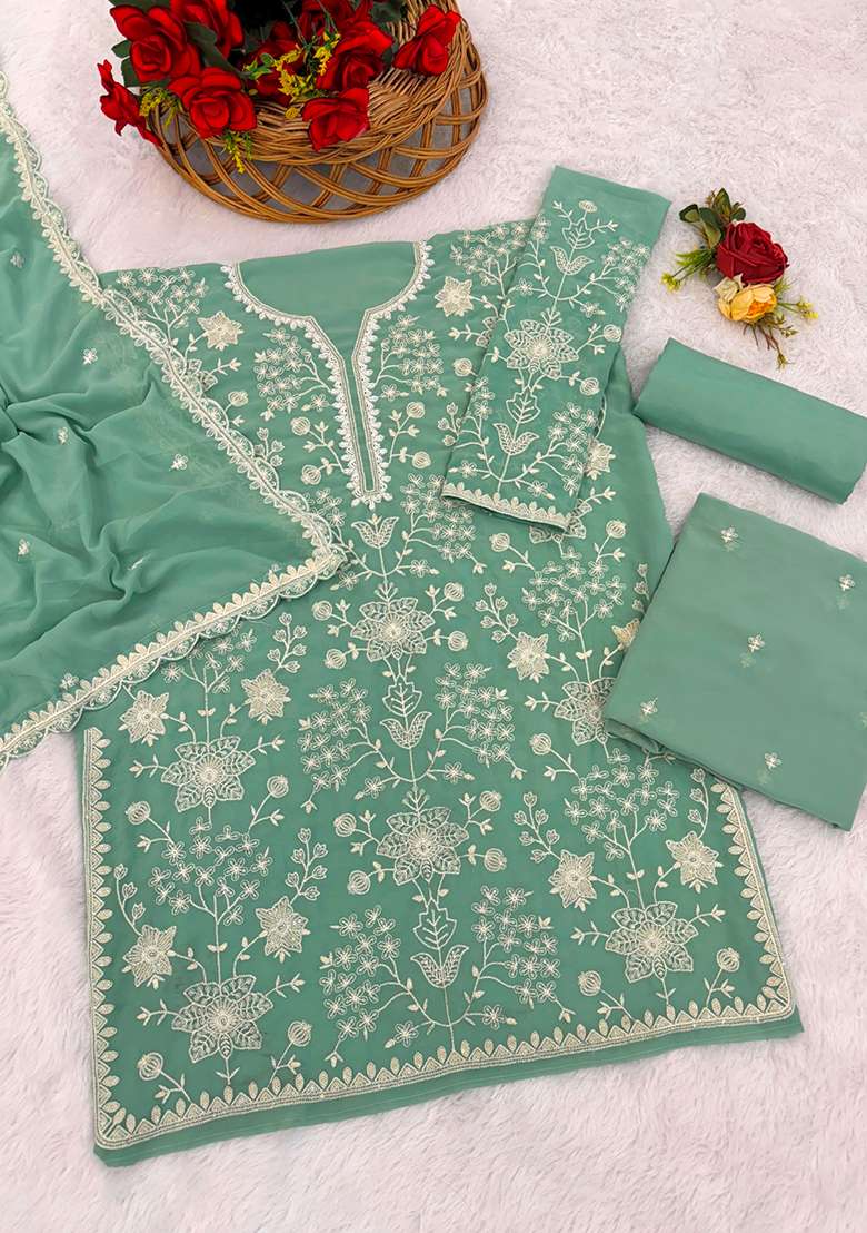 Green Chikankari Georgette Sharara Set - Indya