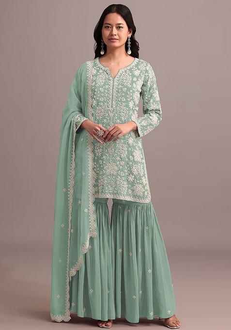 Green Embroidered Georgette Palazzo Set With Dupatta