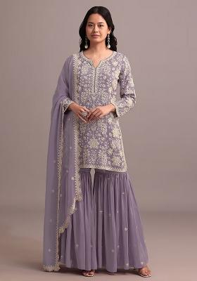 Purple Embroidered Georgette Palazzo Set With Dupatta