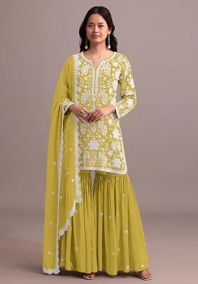 Yellow Embroidered Georgette Palazzo Set With Dupatta