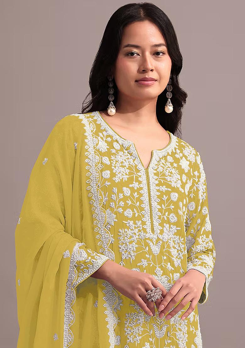 Yellow Embroidered Georgette Palazzo Set With Dupatta