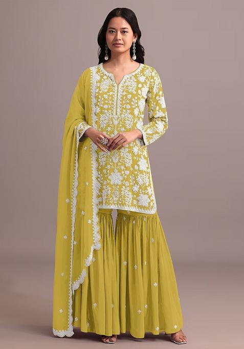 Yellow Embroidered Georgette Palazzo Set With Dupatta