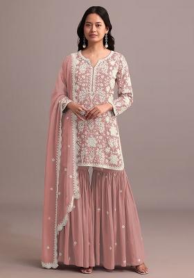 Peach Embroidered Georgette Palazzo Set With Dupatta