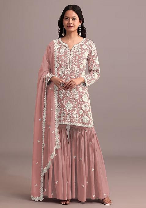 Peach Embroidered Georgette Palazzo Set With Dupatta