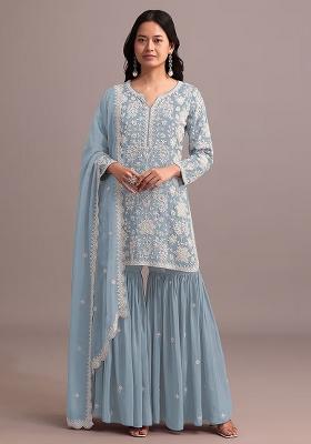 Sky Blue Embroidered Georgette Palazzo Set With Dupatta