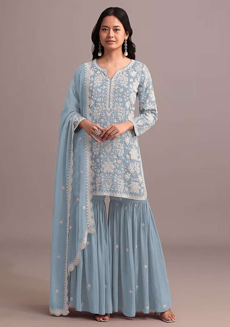 Sky Blue Chikankari Georgette Sharara Set - Indya