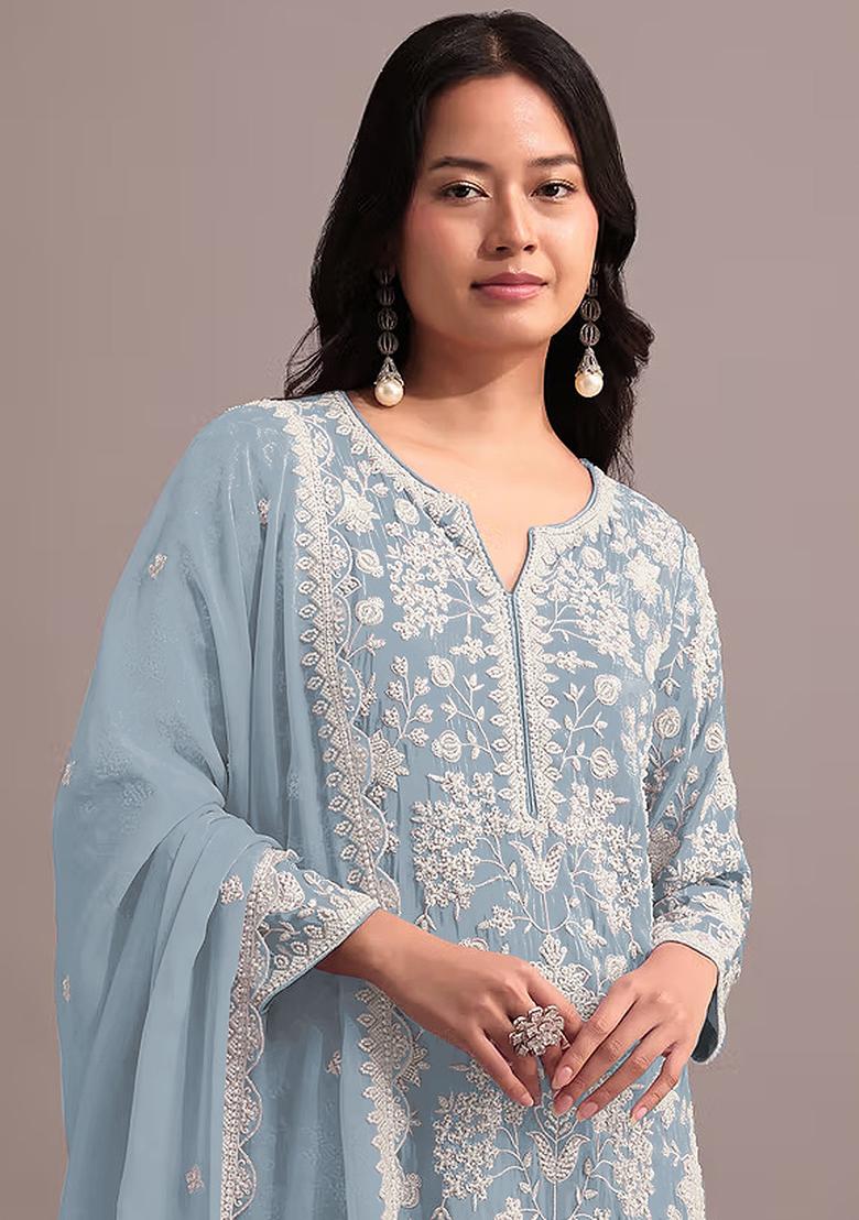 Sky Blue Embroidered Georgette Palazzo Set With Dupatta