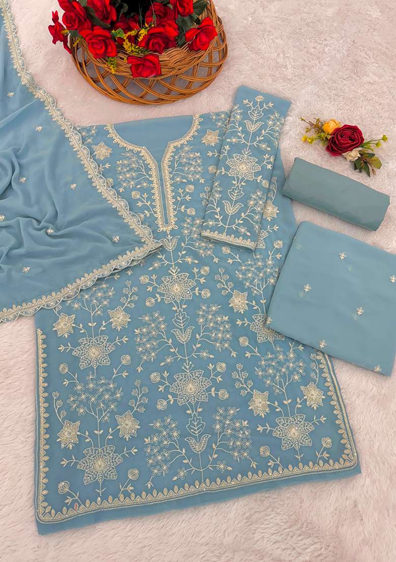 Sky Blue Chikankari Georgette Sharara Set - Indya