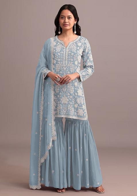 Sky Blue Embroidered Georgette Palazzo Set With Dupatta