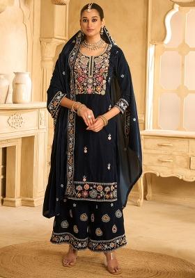 Blue Embroidered Velvet Palazzo Set With Dupatta