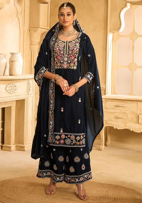 Blue Embroidered Velvet Palazzo Set With Dupatta