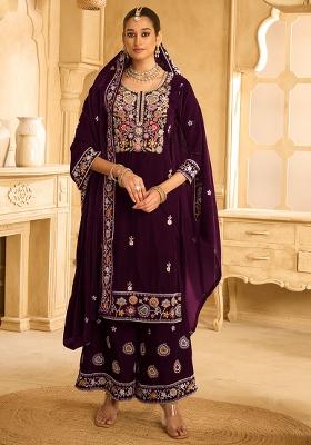 Purple Embroidered Velvet Palazzo Set With Dupatta