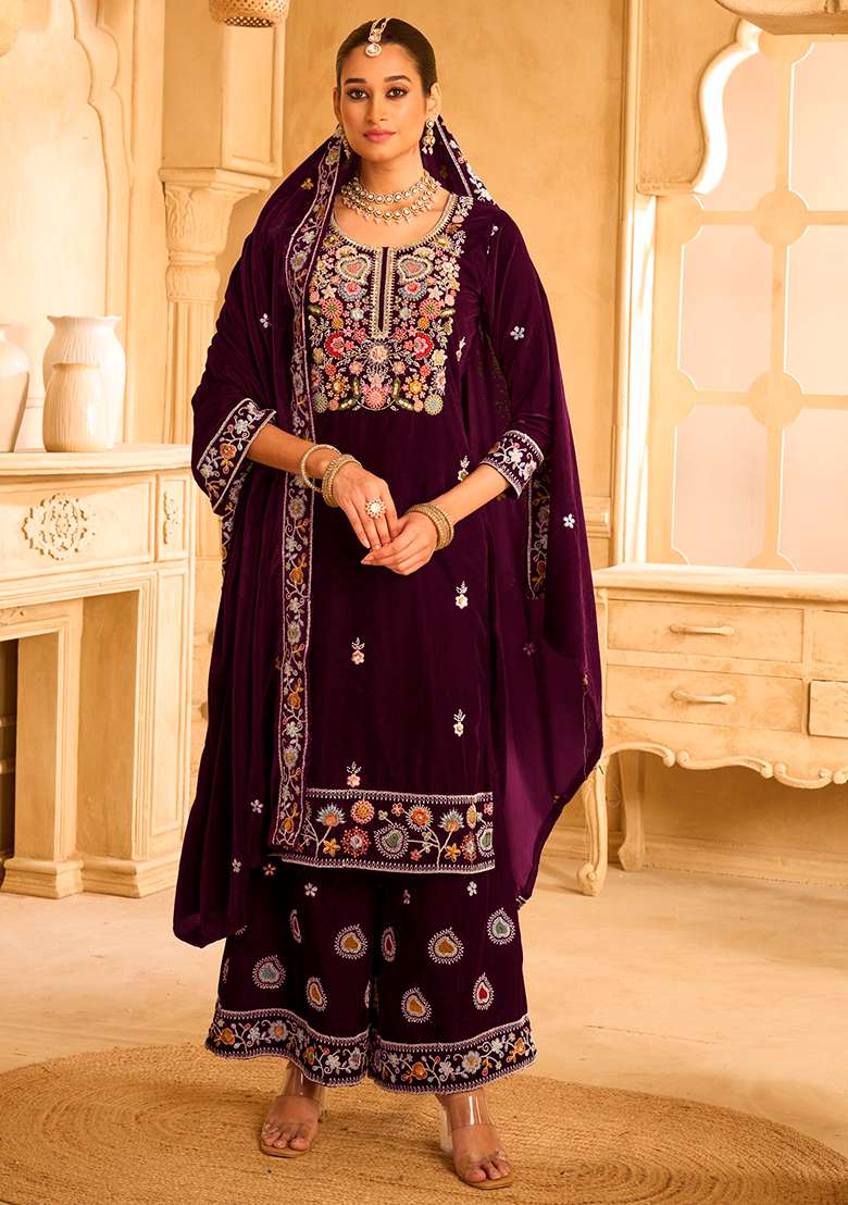 Purple Embroidered Velvet Sharara Set - Indya
