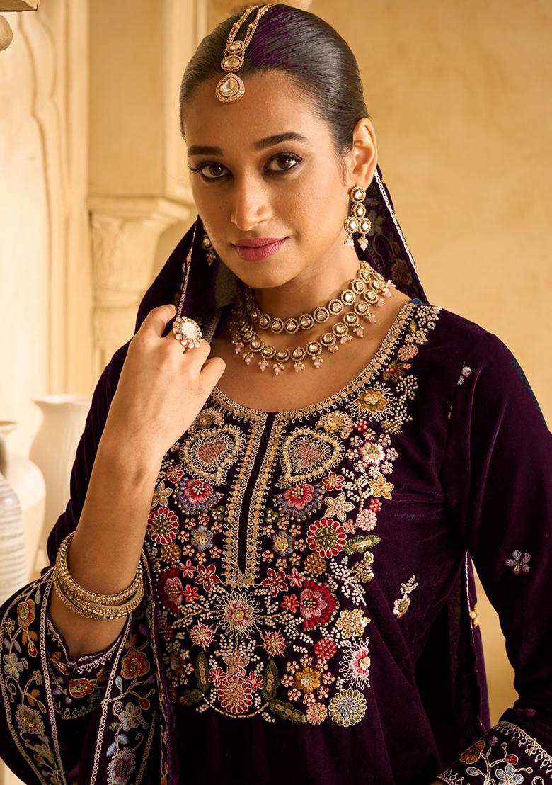 Purple Embroidered Velvet Palazzo Set With Dupatta