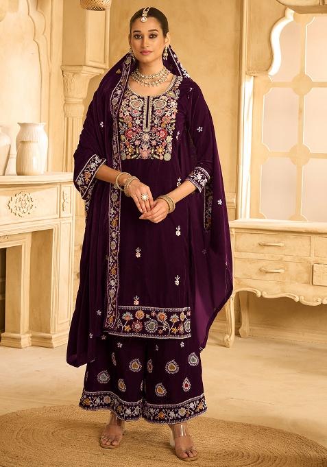 Purple Embroidered Velvet Palazzo Set With Dupatta