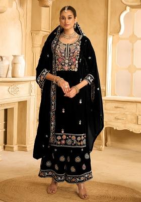 Black Embroidered Velvet Palazzo Set With Dupatta