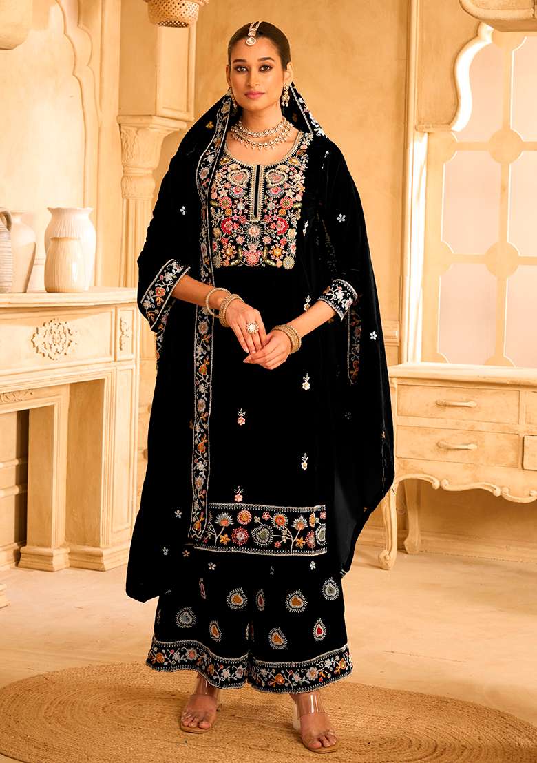 Black Embroidered Velvet Straight Kurta Set - Indya