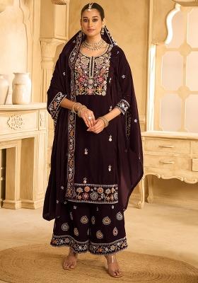 Wine Embroidered Velvet Palazzo Set With Dupatta