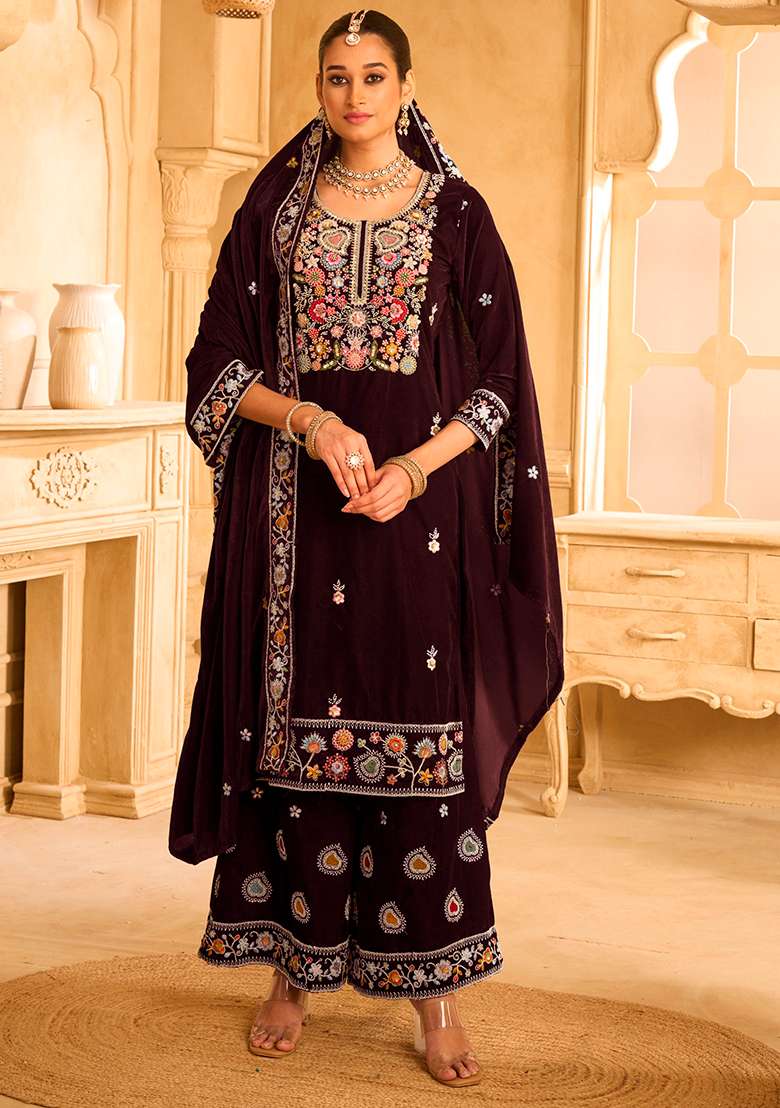 Wine Embroidered Velvet Sharara Set - Indya