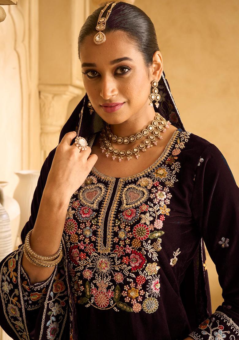 Wine Embroidered Velvet Palazzo Set With Dupatta