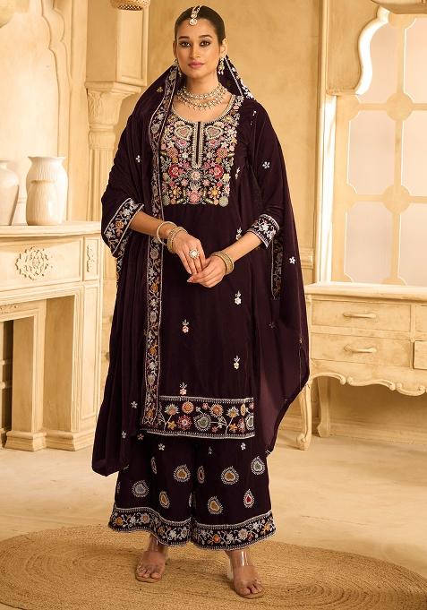 Wine Embroidered Velvet Palazzo Set With Dupatta