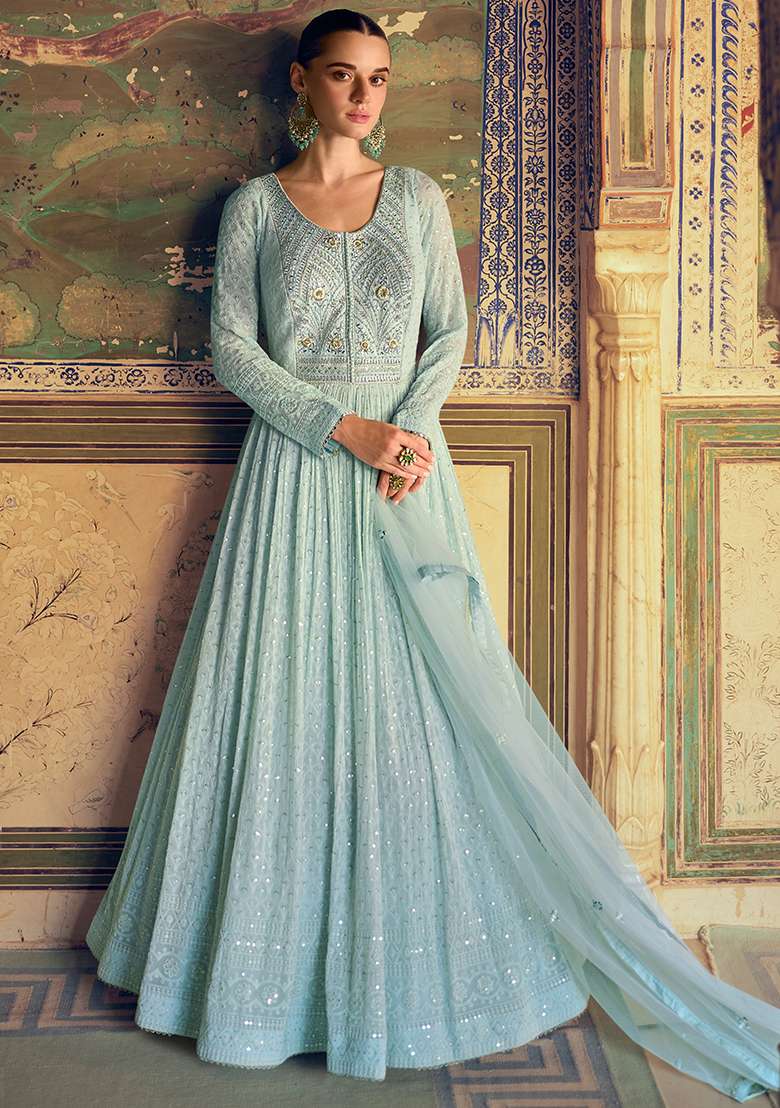 Sky Blue Embroidered Georgette Anarkali With Dupatta With Dupatta - Indya