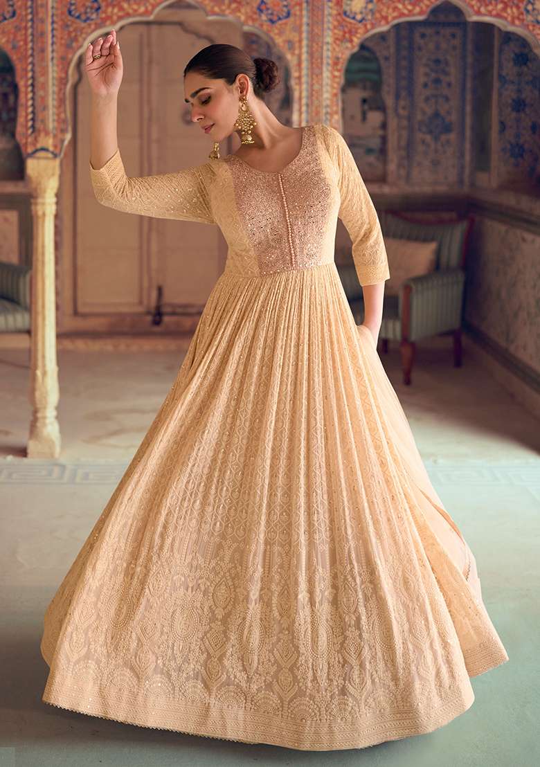 Peach Embroidered Georgette Anarkali With Dupatta With Dupatta - Indya