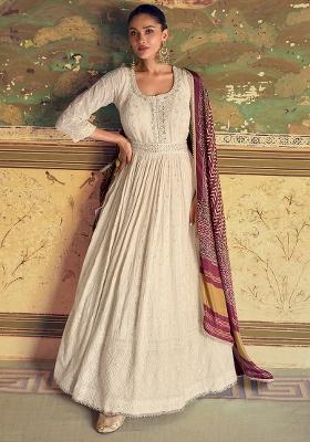 White Embroidered Georgette Anarkali Set With Dupatta