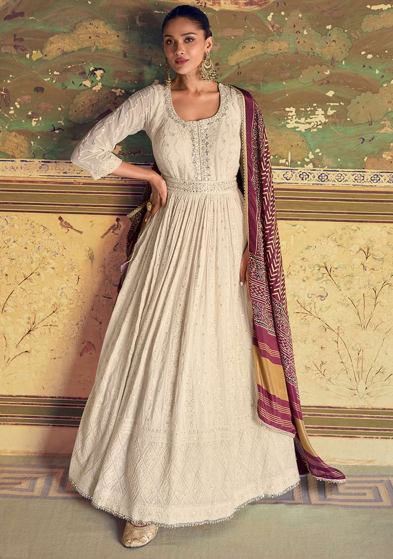White Embroidered Georgette Anarkali With Dupatta With Dupatta - Indya