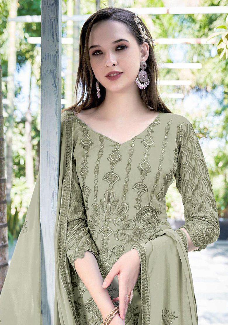 Pista Green Embroidered Georgette Pakistani Salwar Kameez With Dupatta