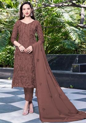 Coffee Brown Embroidered Georgette Pakistani Salwar Kameez With Dupatta