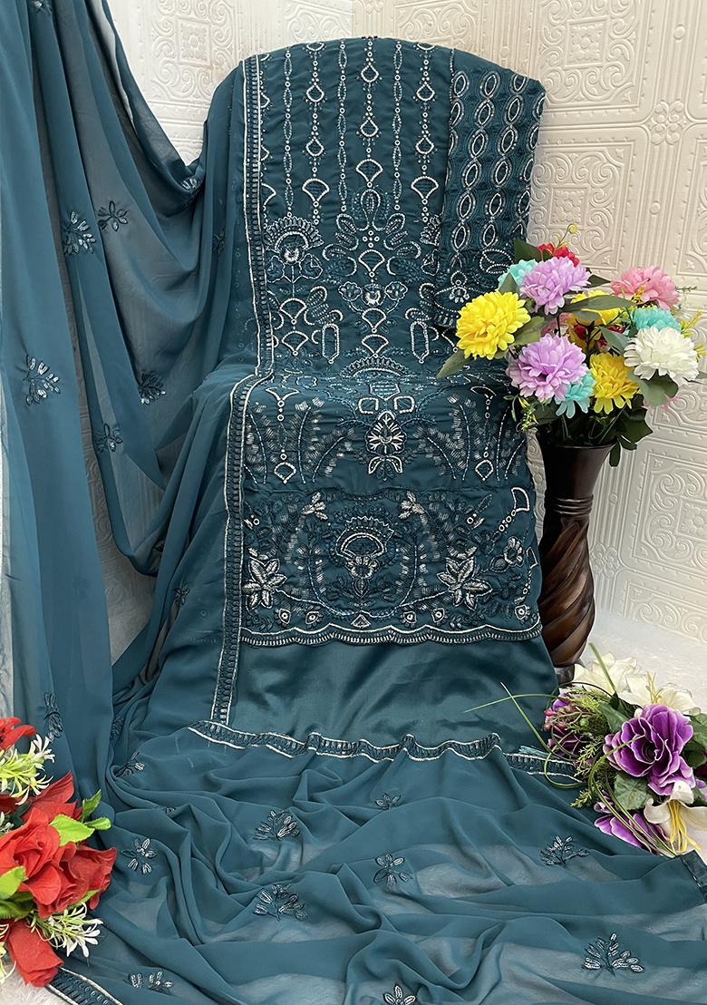 Blue Embroidered Georgette Pakistani Salwar Kameez With Dupatta