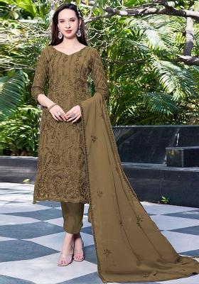 Mehendi Green Embroidered Georgette Pakistani Salwar Kameez With Dupatta