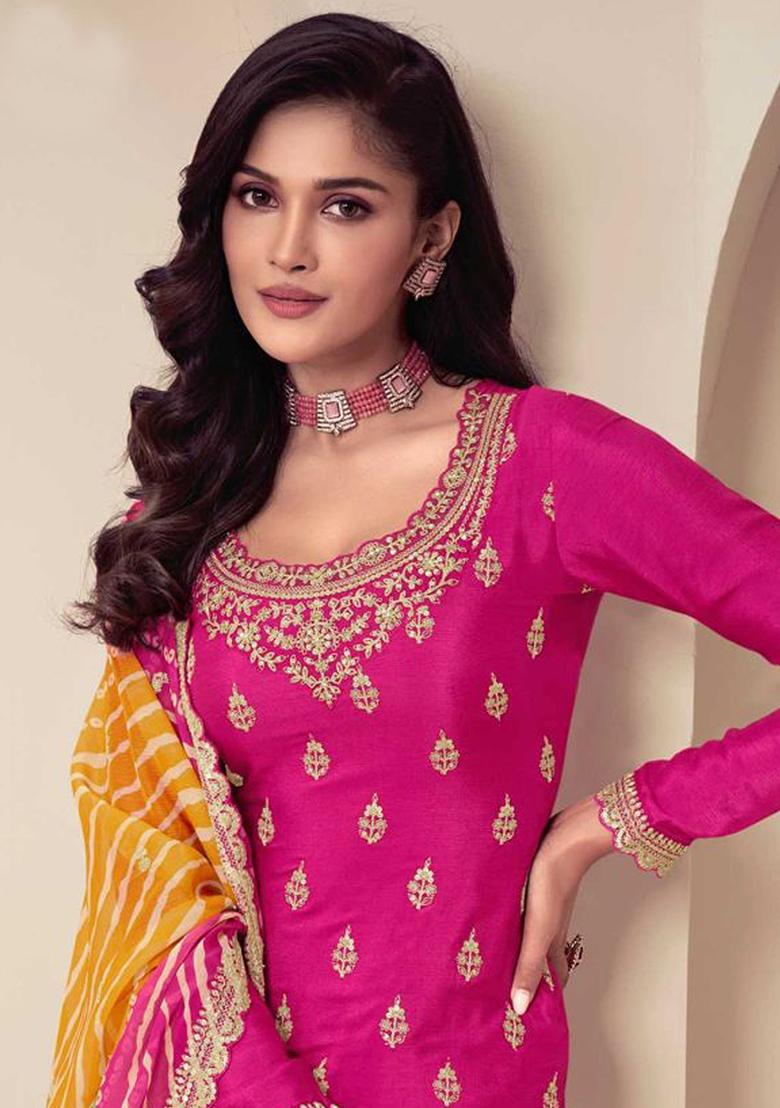 Pink Embroidered Chinnon Silk Palazzo Set With Dupatta