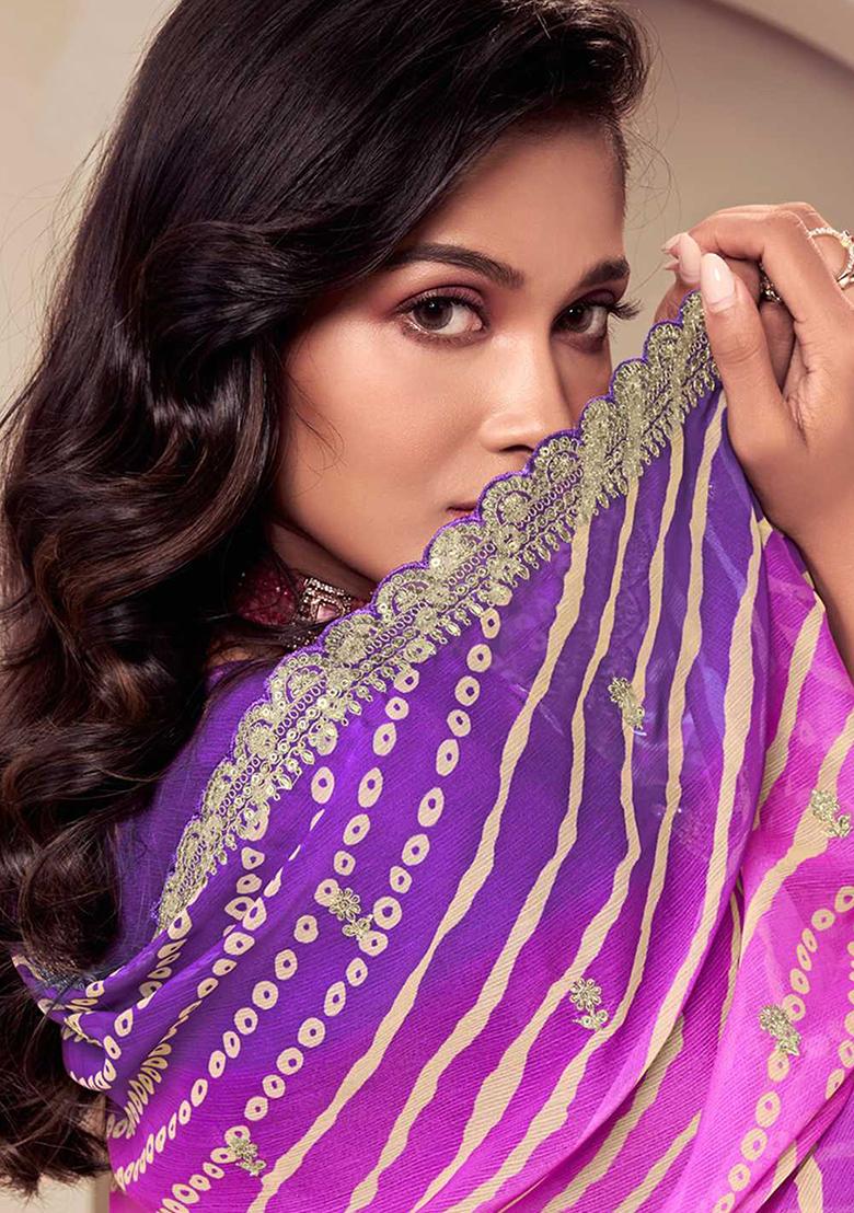 Purple Embroidered Chinnon Silk Palazzo Set With Dupatta