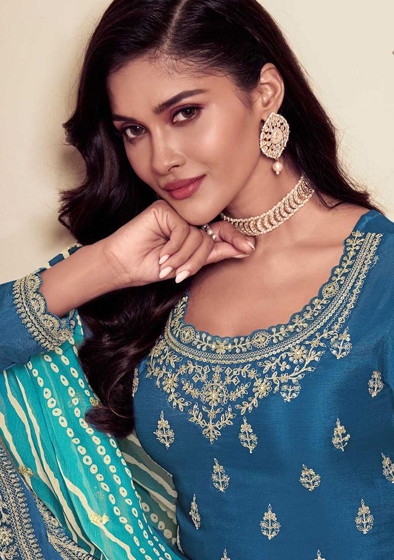 Aqua Blue Embroidered Chinnon Silk Palazzo Set With Dupatta