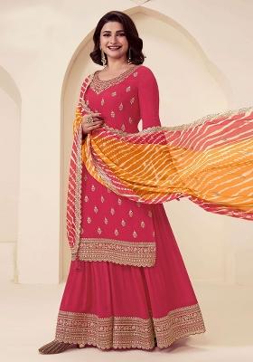 Red Embroidered Chinnon Silk Palazzo Set With Dupatta