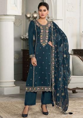 Blue Embroidered Silk Pakistani Salwar Kameez With Dupatta