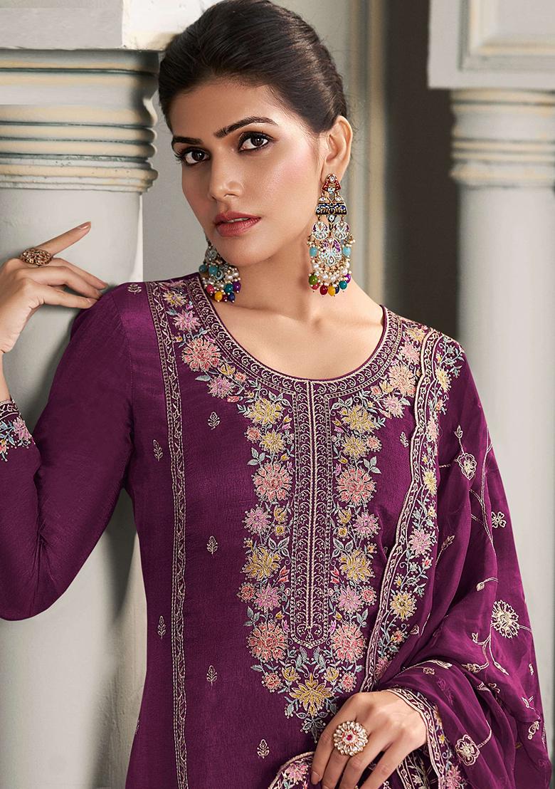 Purple Embroidered Silk Pakistani Salwar Kameez With Dupatta