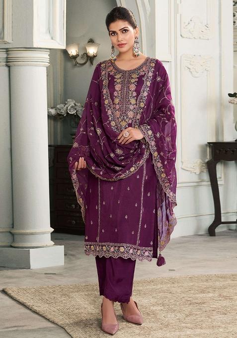 Purple Embroidered Silk Pakistani Salwar Kameez With Dupatta