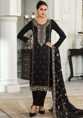 Black Embroidered Silk Pakistani Salwar Kameez With Dupatta