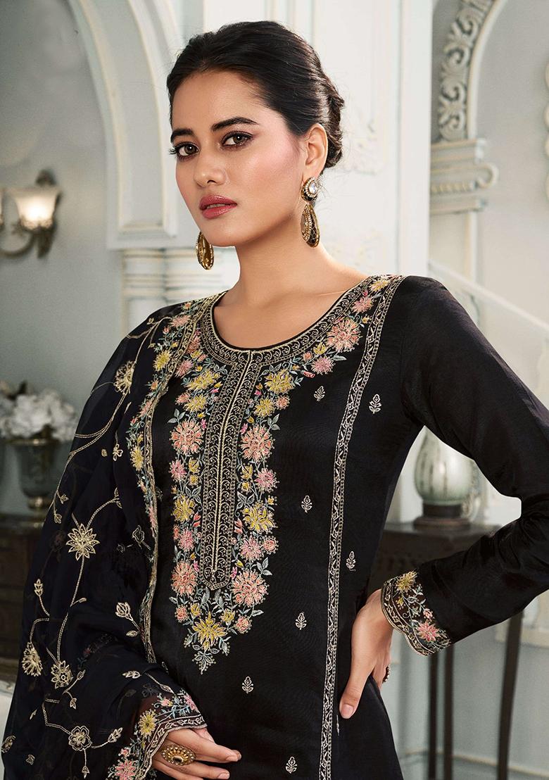 Black Embroidered Silk Pakistani Salwar Kameez With Dupatta