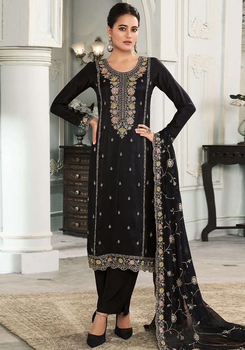 Black Embroidered Silk Pakistani Salwar Kameez With Dupatta