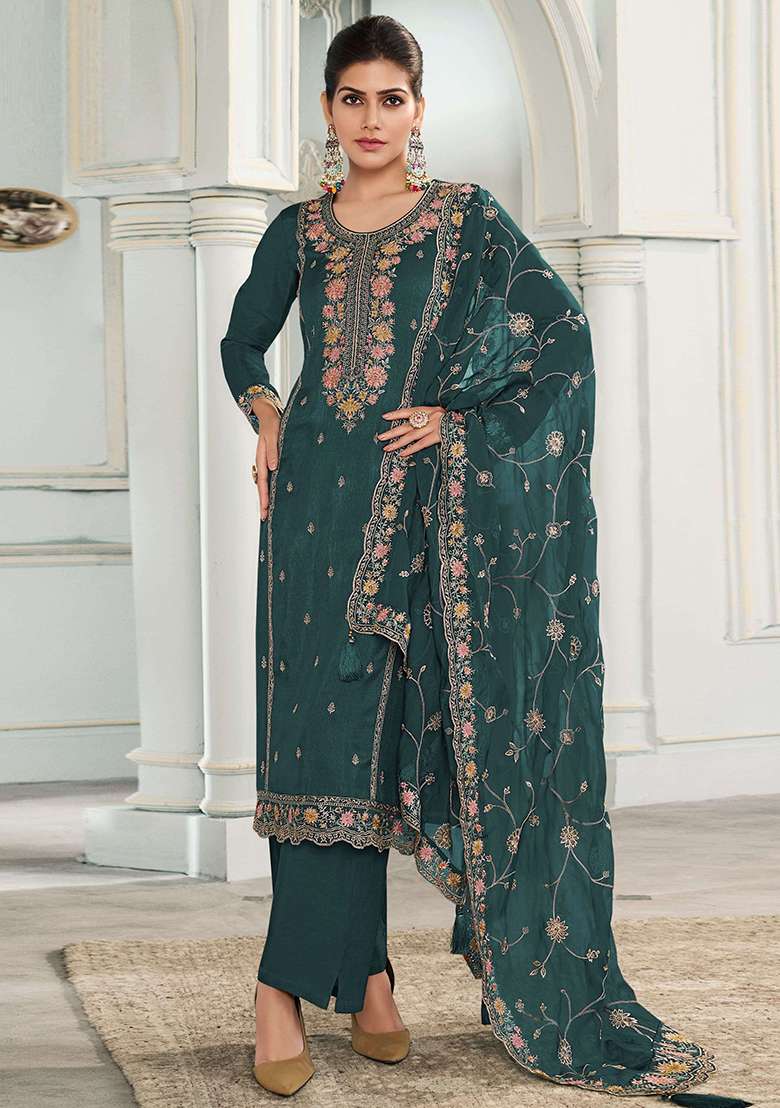 Rama Green Embroidered Silk Blend Pakistani Suit Set - Indya