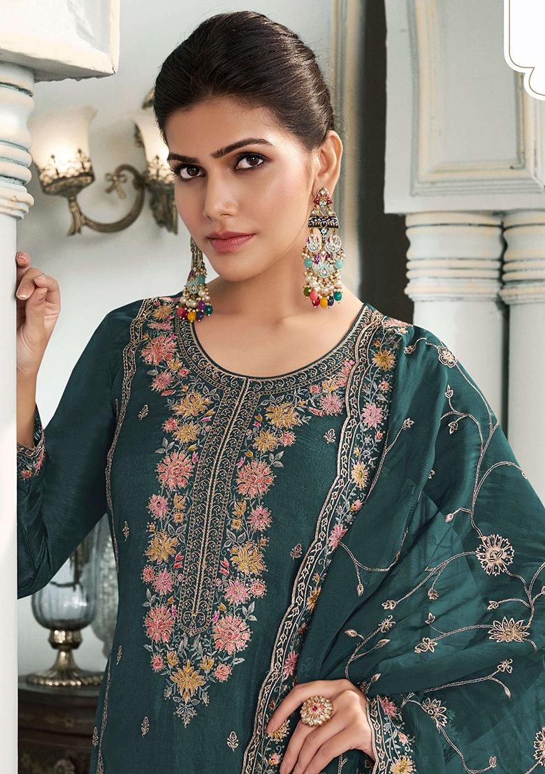 Rama Green Embroidered Silk Pakistani Salwar Kameez With Dupatta